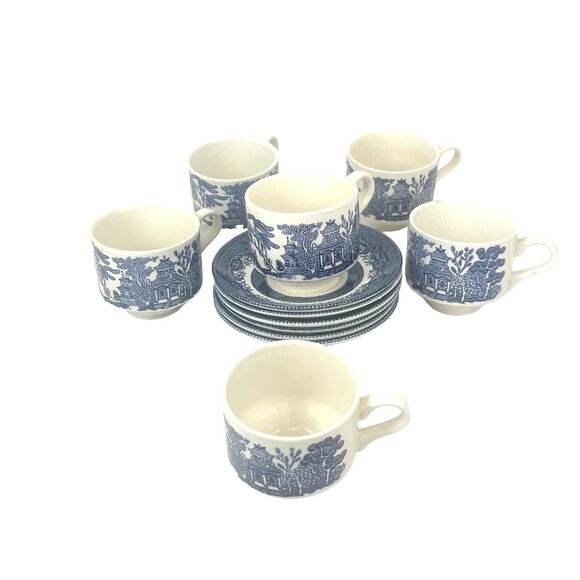 Churchill Ironstone Vintage Blue & White Willow Pattern Cups With Saucers Set Of - Picture 1 of 11
